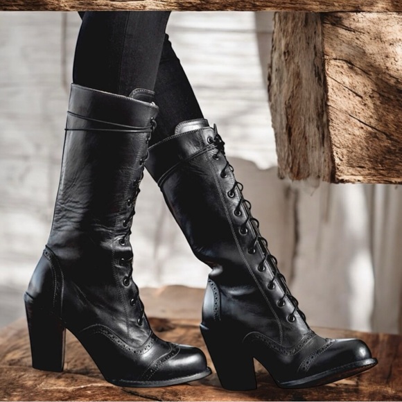 Ariana Victorian Inspired  Leather Boots in Black Rustic by Oak Tree 7.5 - Picture 1 of 4